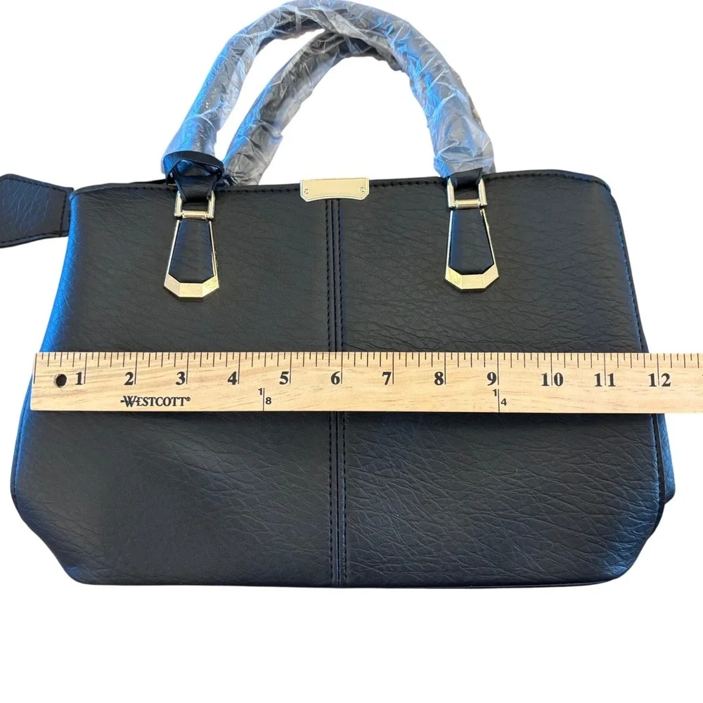 Black Faux Leather Satchel Handbag Gold Tone Hardware Top Handle Crossbody Bag